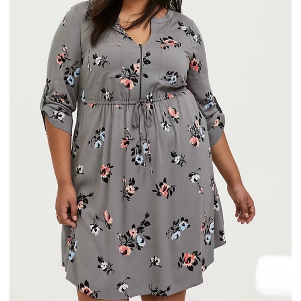 TORRID GREY FLORAL CHALLIS ZIP FRONT DRAWSTRING SHIRT DRESS